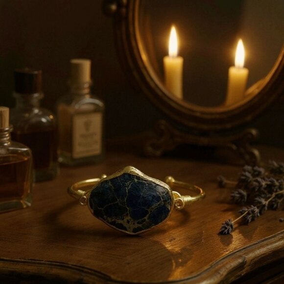 Imperial Ocean Jasper Wire Wrap Cuff w/ 14Kt Gold Over Copper – Hand Crafted - Picture 8 of 9